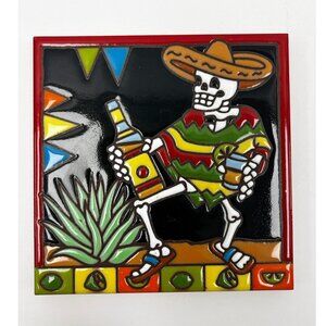 Earthtones Hand Glazed Tile Skeleton Tequila Day of the Dead Wall Decor 6x6 NEW
